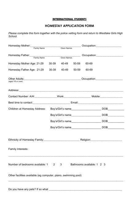 HOMESTAY APPLICATION FORM - Westlake Girls High School