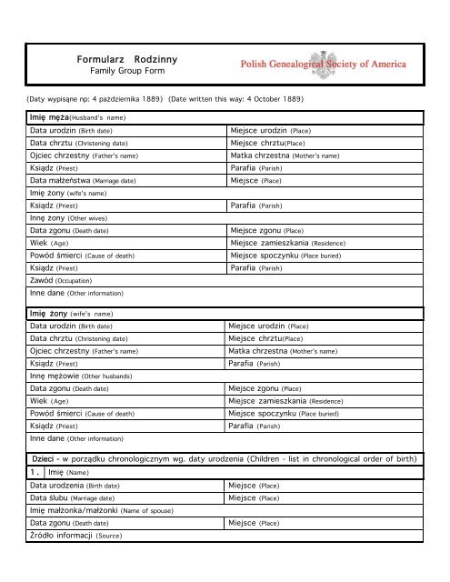 Formularz Rodzinny - Polish Genealogical Society of America