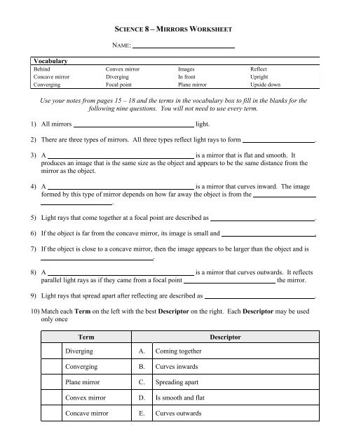 Mirrors Worksheet