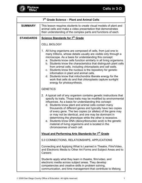 7th Grade Science – Plant and Animal Cells SUMMARY This lesson ... 7th Grade Science – Plant and Animal Cells SUMMARY This lesson ...