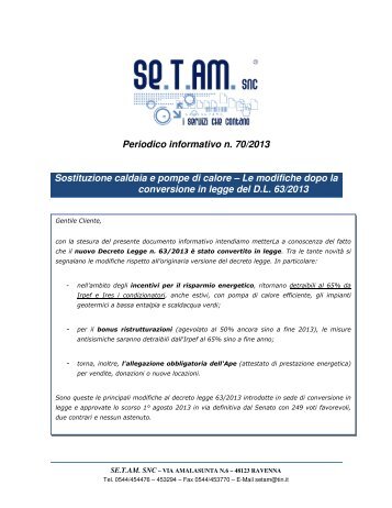 70 2013 SOSTITUZIONE CALDAIA E POMPE DI CALORE ... - Setam.it