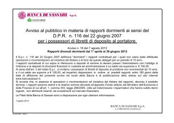 Avviso al pubblico in materia di rapporti dormienti ... - Banca di Sassari