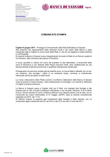 Comunicato Stampa inaugurazione Cagliari 3 - Banca di Sassari