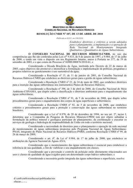Resolução nº 107, de 13 de abril de 2010 - CNRH