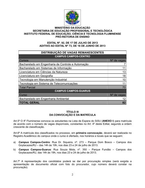 EDITAL 92 ADITIVO EDITAL 73 SiSU 2013.2.pdf - Instituto Federal ...