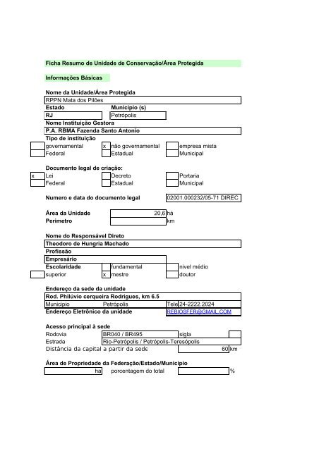 Fichas da Reserva Particular do Patrimônio Natural Mata dos Pilões