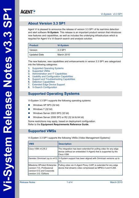 Vi System Release Notes V3 3 Sp1 Agent Vi