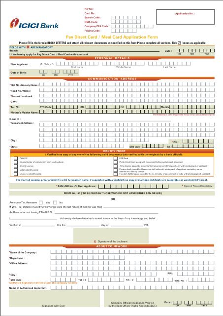 Pay Direct Card Meal Card Application Form