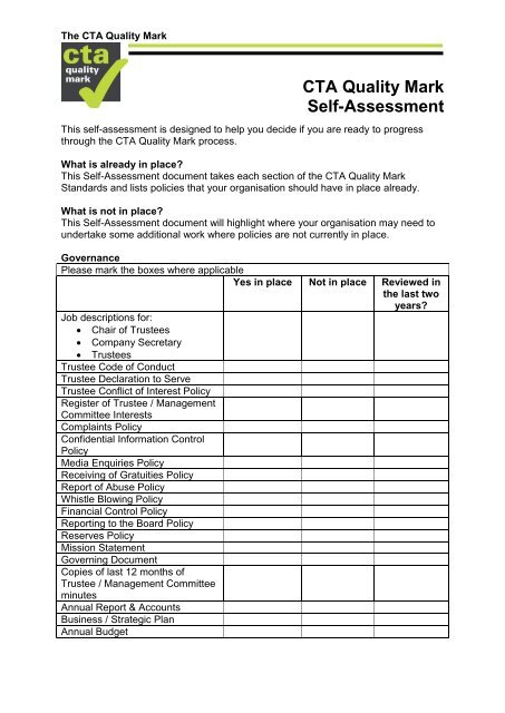 CTA Quality Mark Self Assessment form