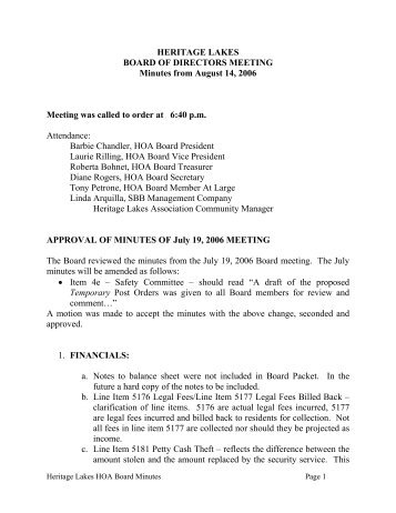 Board Meeting Minutes 8-14-06 - Heritage Lakes HOA