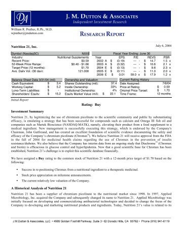 Nutrition 21, Inc. Rating: Buy Investment Summary A Historical ...