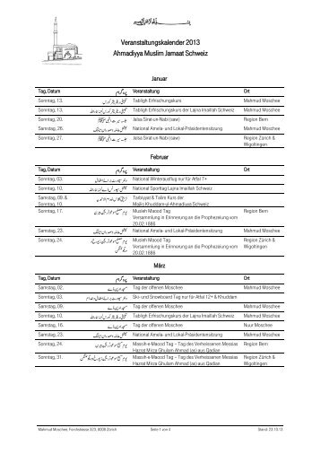 Jahresplan 2013 - Ahmadiyya Muslim Jamaat Schweiz