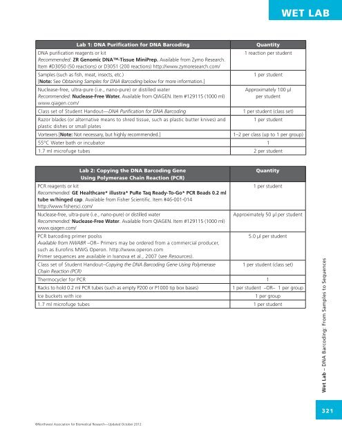 WET LAB DNA Barcoding: From Samples to Sequences - Northwest ...