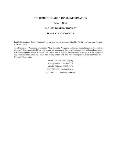 statement of additional information pacific destinations ... - Pacific Life