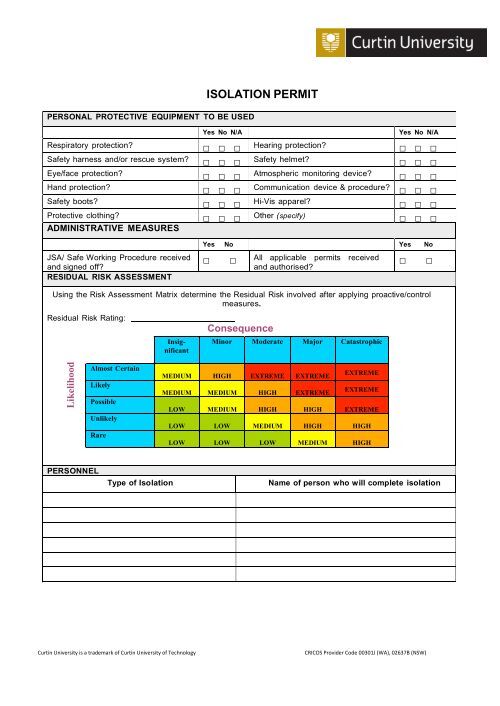Isolation Permit Example ISOLATION PERMIT - Curtin Properties