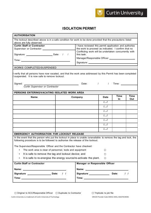Isolation Permit Example ISOLATION PERMIT - Curtin Properties