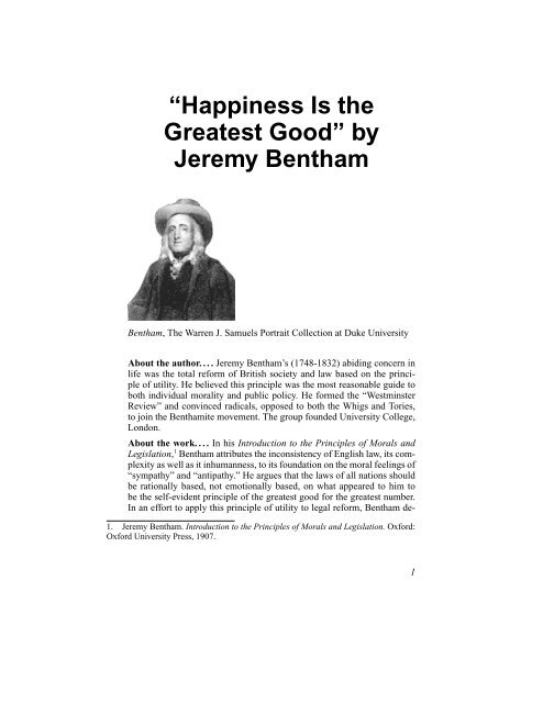 “Happiness Is the Greatest Good” by Jeremy Bentham - Philosophy ...