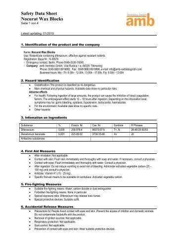 Safety Data Sheet Nocurat Wax Blocks - Pestfree