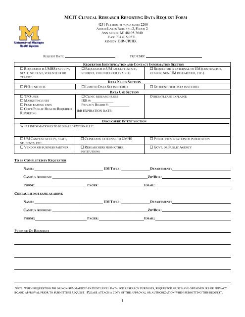 mcit clinical research reporting data request form 1 ann arbor, mi ...