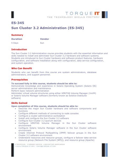 ES-345 Sun Cluster 3.2 Administration (ES-345) - Torque IT