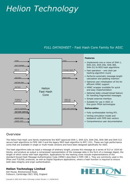 Fast Hash SHA-1, SHA-256, SHA-384, SHA-512, MD5 ASIC core ...