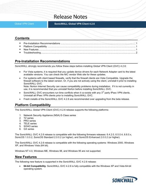 SonicWALL Global VPN Client 4.2.6 Release Notes