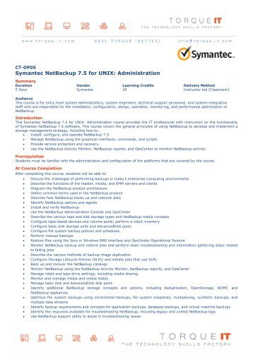 Symantec NetBackup 7.5 for UNIX: Administration - Torque IT