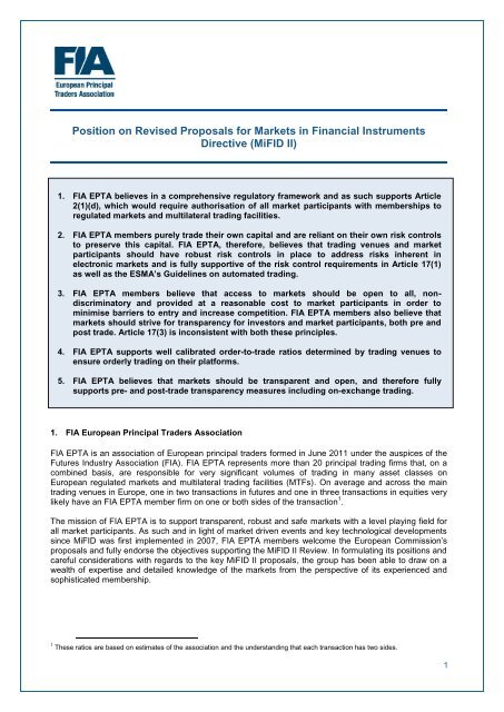 FIA EPTA's position paper - Futures Industry Association