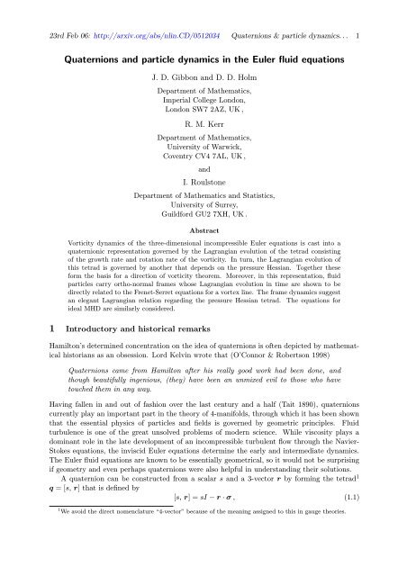 Quaternions and particle dynamics in the Euler fluid equations