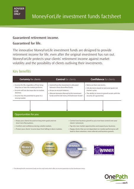 MoneyForLife fact sheet - OnePath
