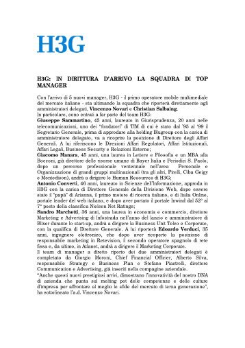 H3G: IN DIRITTURA D'ARRIVO LA SQUADRA DI TOP MANAGER