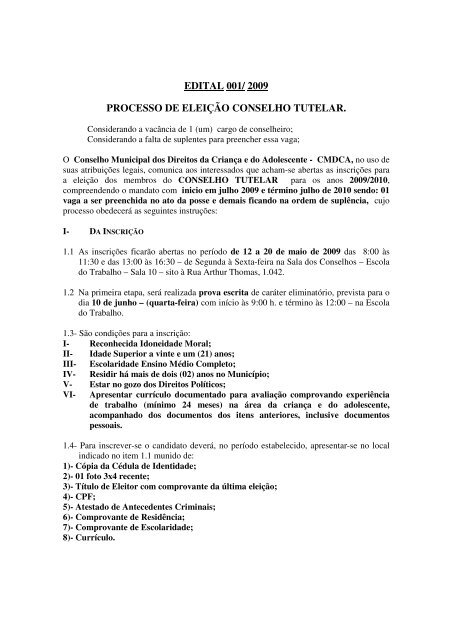 EDITAL 001/ 2009 PROCESSO DE ELEIÃÃO CONSELHO TUTELAR.