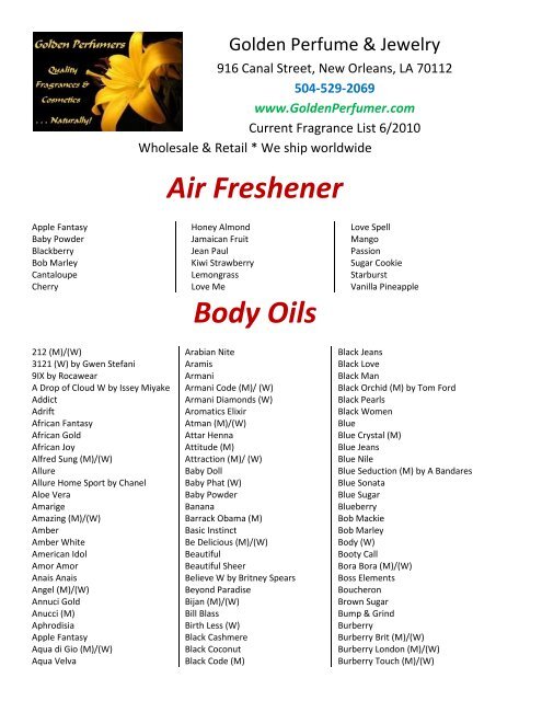 Air Freshener Body Oils - Golden Perfume & Jewelry