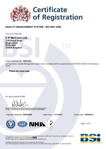 Quality Management System ISO 9001:2008 - FP McCann Ltd