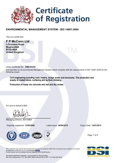BSI Certificate - FP McCann Ltd