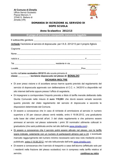 Modulo iscrizione doposcuola a BONALDO anno 2012/2013