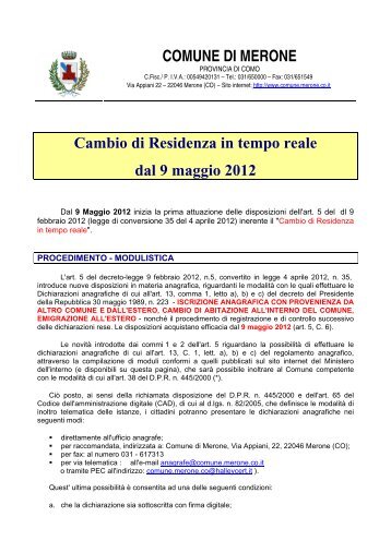 Cambio di Residenza - Comune di Merone