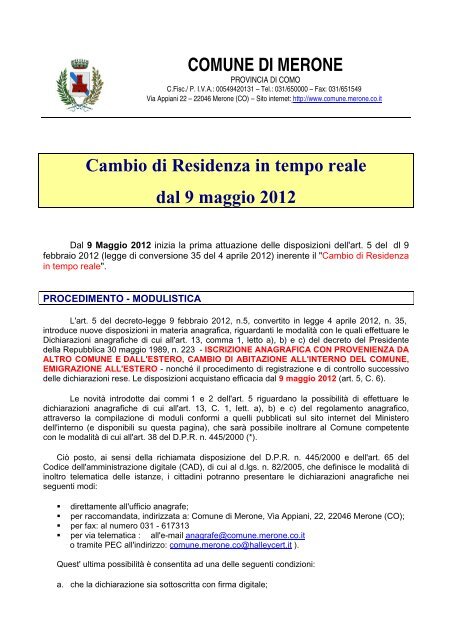 Cambio di Residenza - Comune di Merone