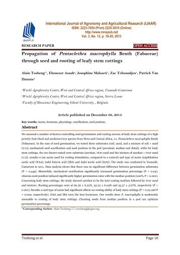 Propagation of Pentaclethra macrophylla Benth (Fabaceae) through seed and rooting of leafy stem cuttings