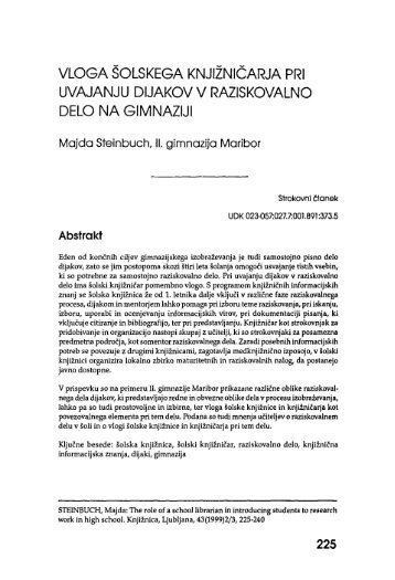 vloga šolskega knjižničarja pri uvajanju dijakov v ... - Revija Knjižnica