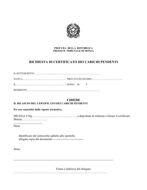 richiesta di certificato dei carichi pendenti chiede - Monza e Brianza ...