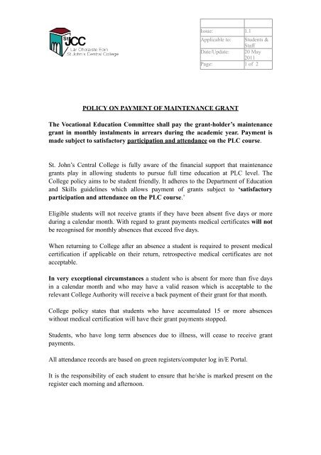 Maintenance Grant Policy - St. John&rsquo;s Central College