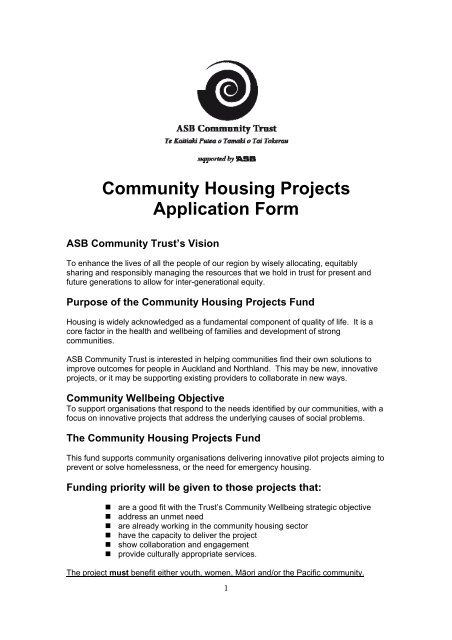 Community Housing Projects Application Form - ASB Community Trust
