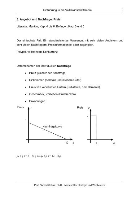 EinfÃƒÂ¼hrung in die Volkswirtschaftslehre 3. Angebot und Nachfrage ...