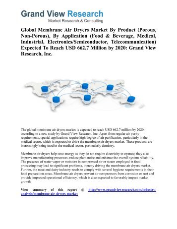 Membrane Air Dryers Market Outlook and Forecast up To 2020: Grand View Research, Inc. 