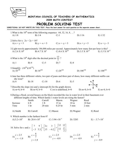 sample test item of problem solving