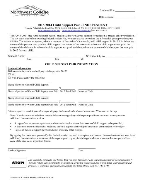 Child Support Paid Verification Form Northwest College