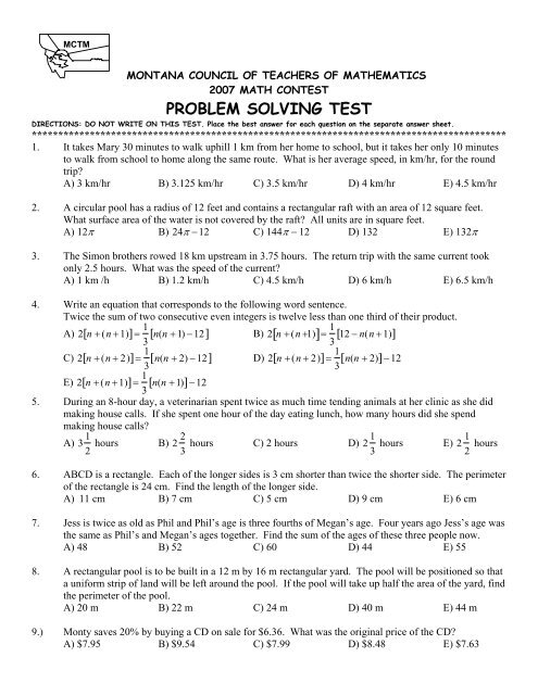 math problem solving test questions and answers