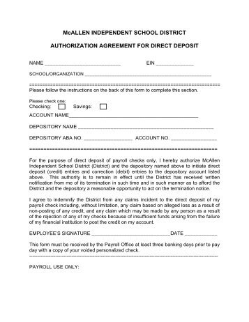 Authorization Agreement for Direct Deposit - McAllen Independent ...