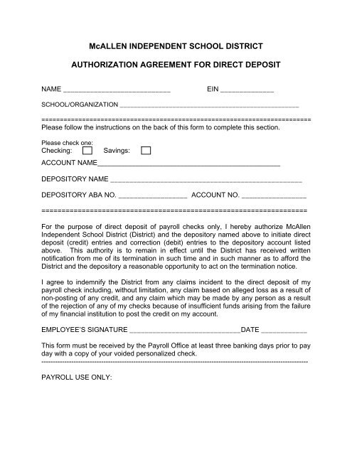 Authorization Agreement for Direct Deposit - McAllen Independent ...